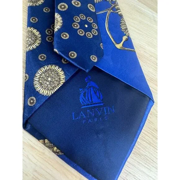 LANVIN Men's Designer Paris Made in France Gold Blue Bird Silk Tie - Picture 5 of 6